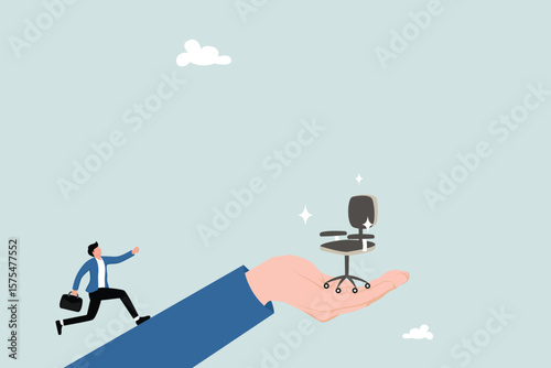 Employment opportunity, career path or motivation on job promotion position, ambition to reach career achievement, candidate to find new job concept, businessman run up big hand to new office chair.
