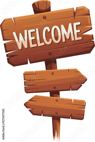 Cartoon Wooden Signpost with 'Welcome' Text and Directional Arrows Isolated on White
