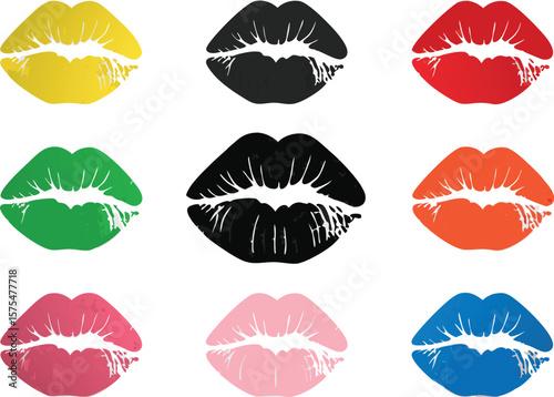 Colorful Lip Prints Yellow, Black, Red, Green, Orange, Pink, and Blue Lips on White Background