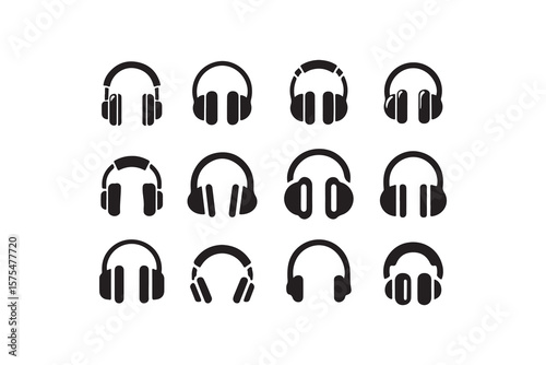 Collection of Black and White headphone Icons.A set of various headphone icons, perfect for use in websites, apps, presentations, or graphic design.