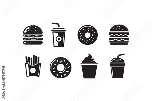 Collection of Black and White fast food  Icons.A collection of simple, black and white, silhouette icons representing popular fast food items.
