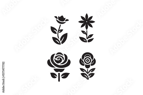 Set of Four Stylized Black and White Flower Icons.This image features four simple, black and white illustrations of flowers, including roses and a daisy.