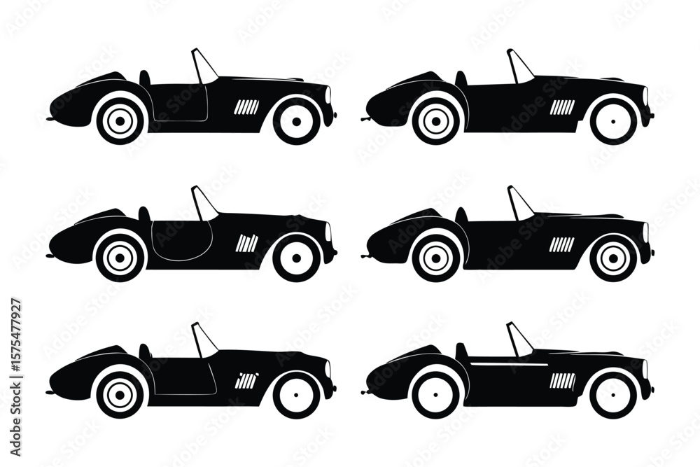Fototapeta premium Classic Car Collection: A sleek series of vintage roadsters presented as bold, high-contrast silhouettes, embodying classic automotive design and speed.
