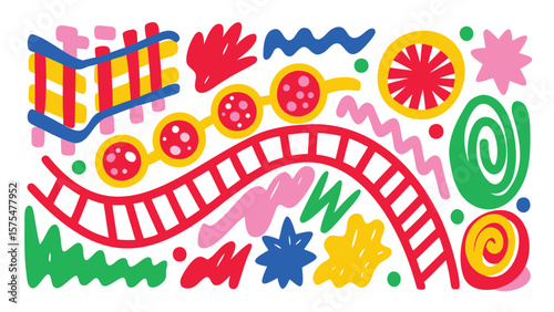 Colorful abstract shapes with lines and circles in a playful, vibrant composition art piece