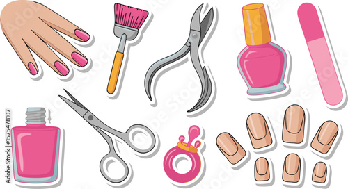 Nail Manicure Set Pink Polish, Brush, Clippers, Scissors, and Hand Illustration