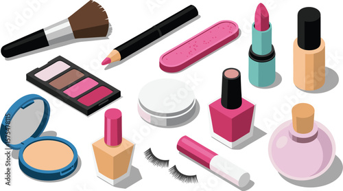 Isometric Makeup Still Life Brush, Eyeshadow, Lipstick, Nail Polish, Perfume, and Cosmetics