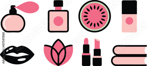 Pink and Black Icons Perfume, Lipsticks, Books, Lips, Lotus, Watermelon, and Nail Polish