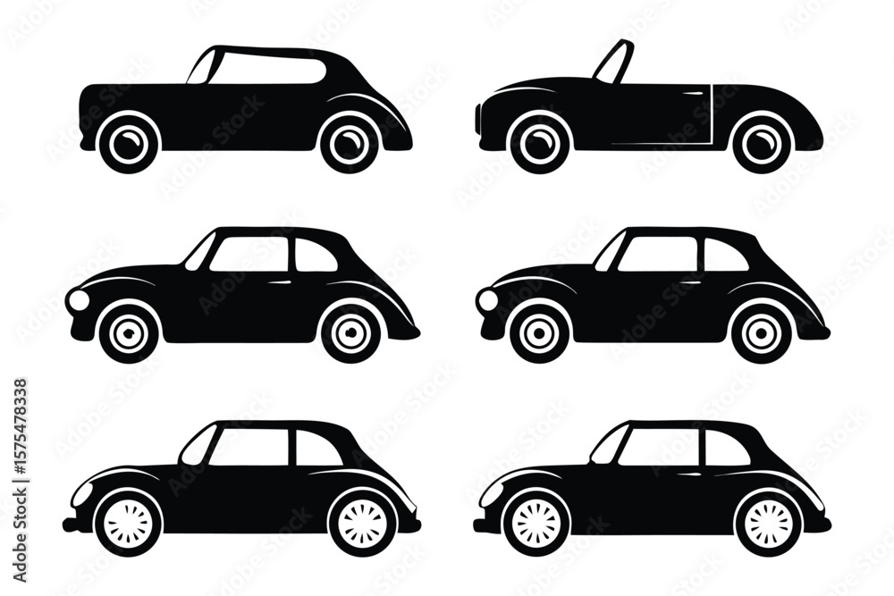Fototapeta premium Classic Car Silhouettes: A collection of stylish black classic car silhouettes, showcasing the iconic elegance of vintage automobiles. Ideal for transport, design, and automotive projects.