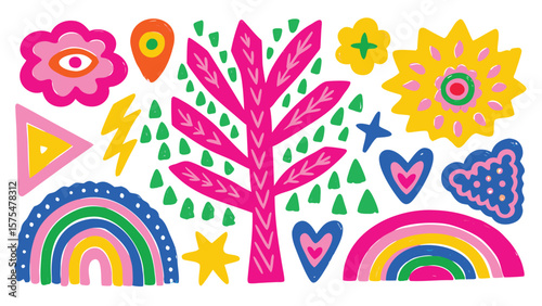 Illustration of colorful whimsical shapes including tree rainbow sun and other elements art design