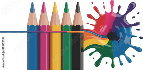 Row of Colored Pencils Blending into Vibrant Splashes of Color on a White Background