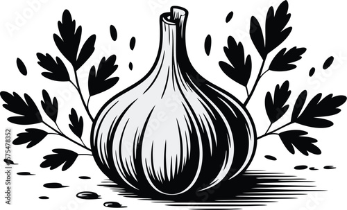 Stylized Black and White of a Garlic Bulb Surrounded by Leaves and Seeds