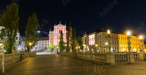 View of Preseren Square, Franciscan Church of the Annunciation and Urbanc Palace at night Ljubljana 