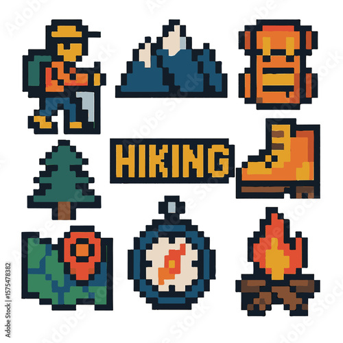 Hiking icon set, pixel art, eps 10 illustration