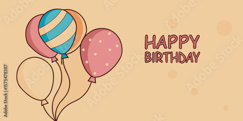Colorful balloons in various shapes and patterns float against a soft pastel background, accompanied by a cheerful birthday greeting, creating a festive celebration atmosphere