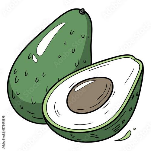 Fresh avocado illustration showcasing whole fruit and halved section revealing creamy texture and brown seed, emphasizing healthy eating and vibrant food choices
