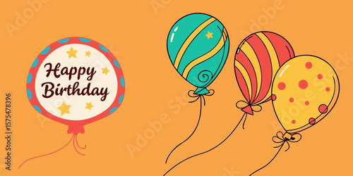 Colorful birthday balloons with playful designs and a festive greeting on an orange background, creating a cheerful atmosphere for celebrations and joyful occasions