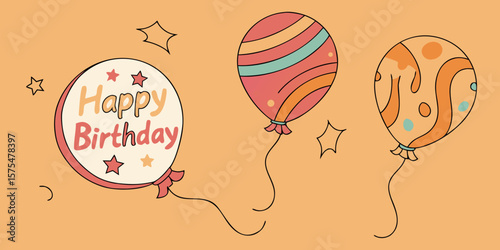 Colorful birthday balloons with playful designs and cheerful text, floating against a warm orange background, creating a festive atmosphere for celebration and joy