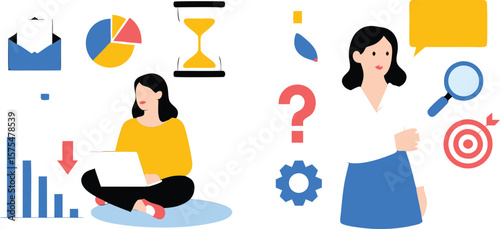 Two Women Surrounded by Business Analytics Icons Illustrating Data Analysis and Strategic Planning