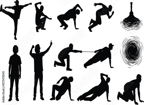 Silhouette of people in various poses and abstract vortex designs