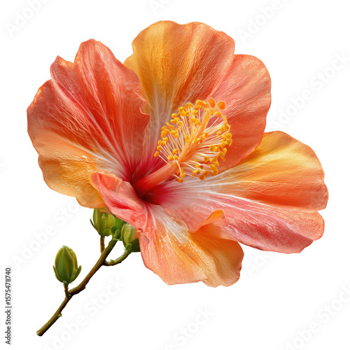 Vibrant peach hibiscus flower in full bloom with buds against a black background