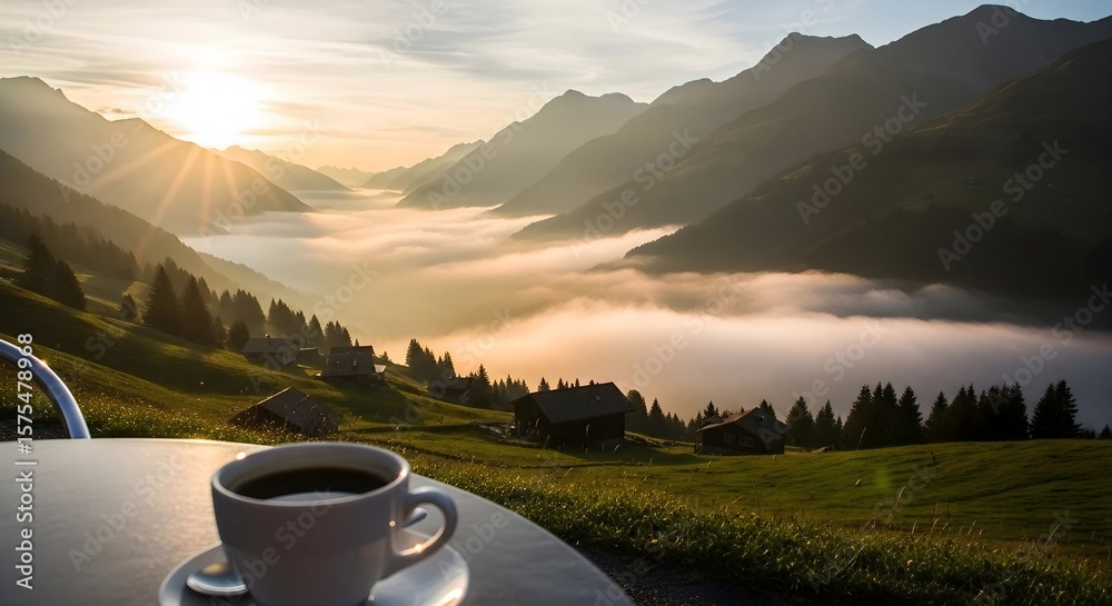 A Quiet Morning Moment with Coffee and a Beautiful Mountain Valley View (Generative AI) A Quiet Morning Moment with Coffee and a Beautiful Mountain Valley View (Generative AI)