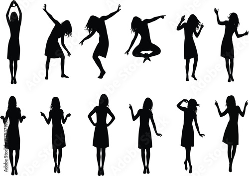 Silhouette of women in various poses dancing and moving on white background