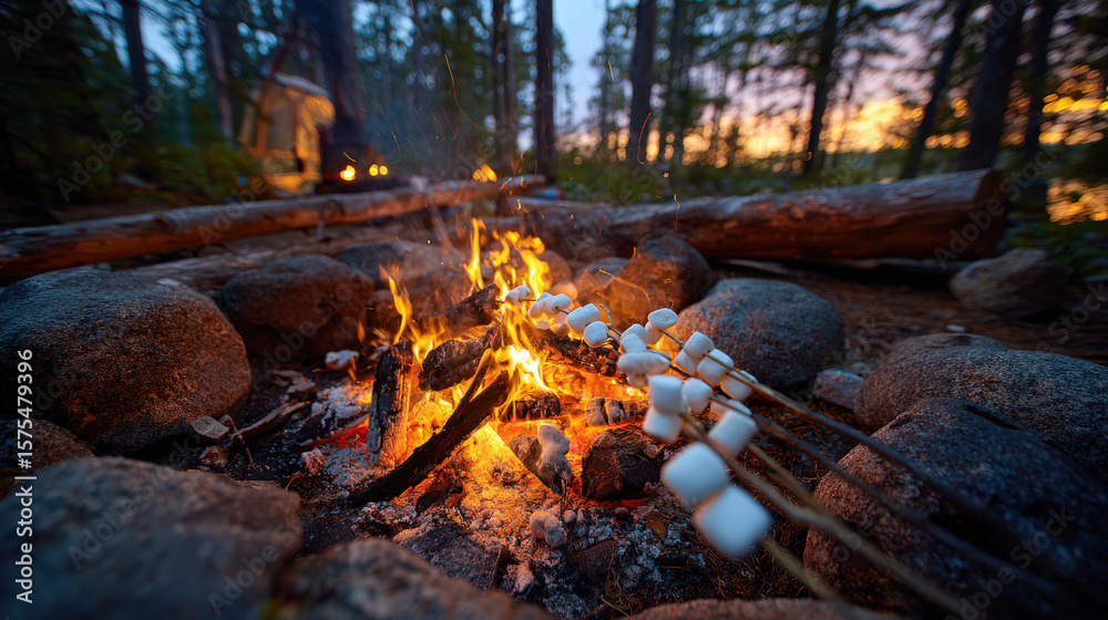 Enjoying marshmallows over a campfire on a summer night during a vacation. Enjoying marshmallows over a campfire on a summer night during a vacation.