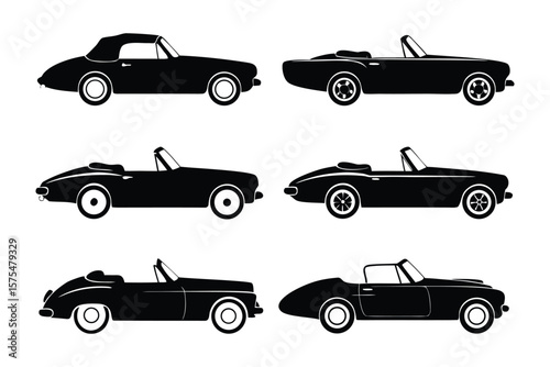 Classic Roadster Silhouettes: A collection of six sleek, classic roadster silhouettes showcase timeless design and open-air freedom, set against a clean backdrop.