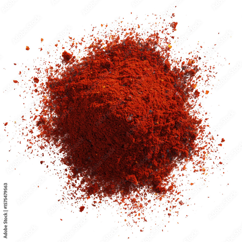 Vivid close up of bright red paprika powder on a black background isolated Vivid close up of bright red paprika powder on a black background isolated