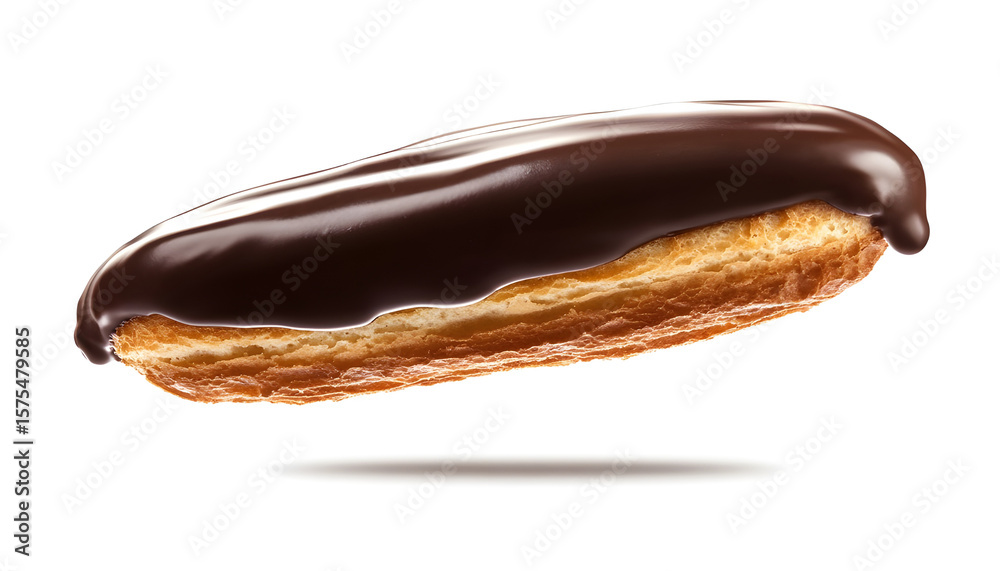 Flying chocolate éclair, isolated on a white background, gracefully suspended in mid-air Flying chocolate éclair, isolated on a white background, gracefully suspended in mid-air