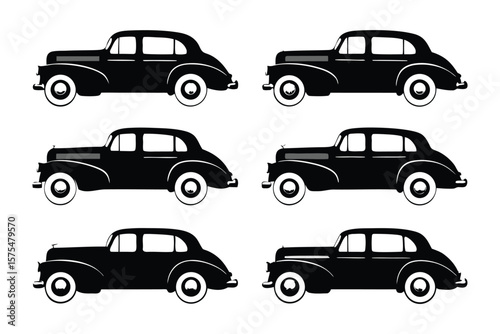 Vintage car in collection: A collection of classic black vehicles are displayed in this vector illustration, capturing the essence of timeless elegance and design.
