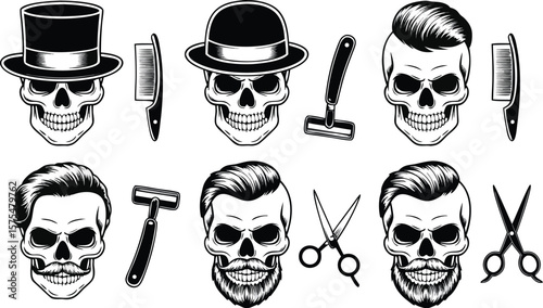 Barber Skulls Set of Skulls with Hair Styles, Hats, and Shaving Tools
