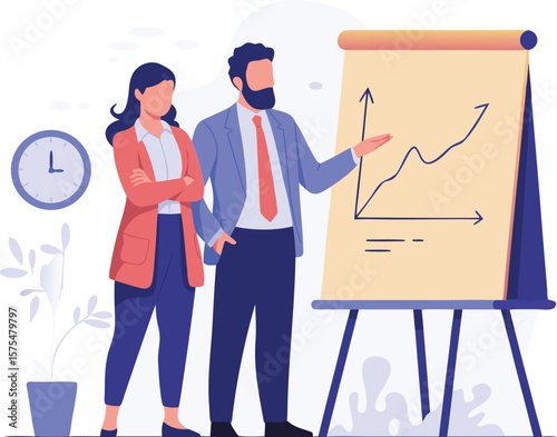 Business Presentation Illustration Man Explaining Graph to Colleague, Growth Chart, Office Setting