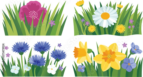 Cartoon Spring Flower Patches Poppy, Daisy, Cornflower, and Daffodil Illustrations in Green Grass