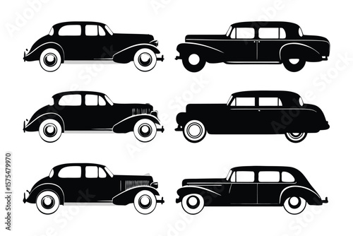 Vintage Car Silhouette: A stylish compilation of vintage car silhouettes, showcasing iconic designs from a bygone era. Perfect for transportation, history, or classic car projects.