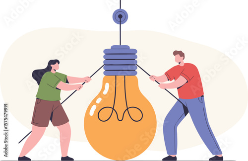 Collaborative Idea Generation Two People Pulling Ropes Attached to a Large Light Bulb Cartoon Illustration