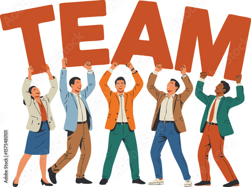 Diverse Business Team Holding Up Large Orange TEAM Letters in Celebration of Success Achievement