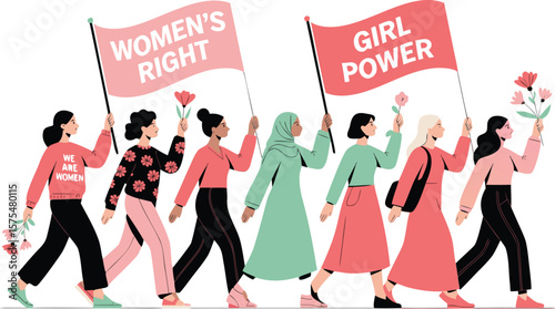 Diverse Group of Women Marching for Women's Rights and Girl Power with Flowers