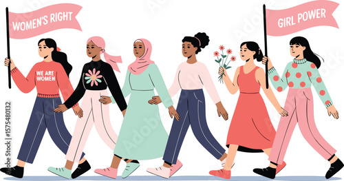 Diverse Group of Women Marching for Women's Rights and Girl Power in Colorful Illustration