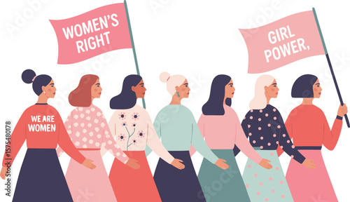 Diverse Women Marching with Feminist Flags Women's Right and Girl Power Illustration