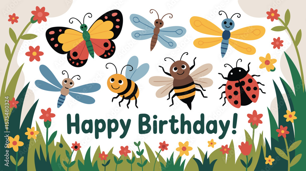 Obraz premium Happy Birthday Illustration Featuring Butterflies, Bees, Dragonflies, a Ladybug, Grass, and Flowers