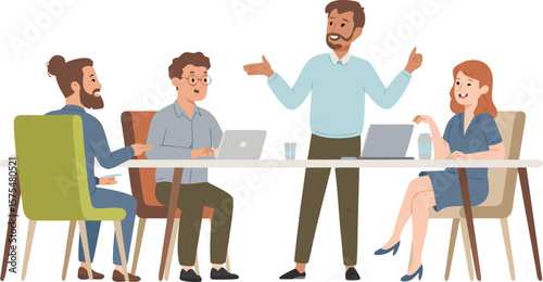 Man Explaining Project Details to Coworkers at Desk with Laptops in Modern Office