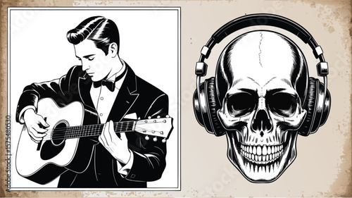 Man Playing Guitar in Tuxedo and Skull with Headphones Artwork, Black and White
