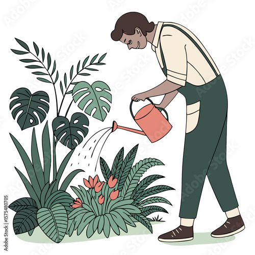 Man Gently Caring for Indoor Houseplants at Home. Perfect for: Earth Day, World Environment Day, home gardening blogs, wellness retreats