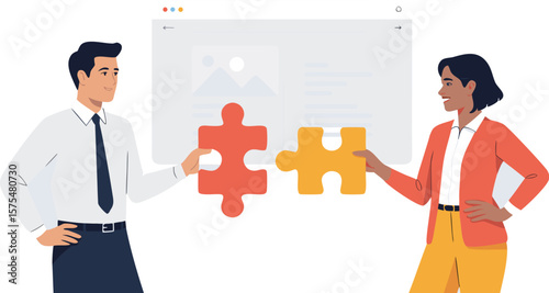 Teamwork Illustration Man and Woman Connecting Puzzle Pieces in Front of a Website Mockup