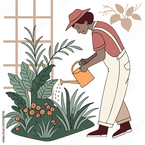 Man Gently Caring for Indoor Houseplants at Home. Perfect for: Earth Day, World Environment Day, home gardening blogs, wellness retreats