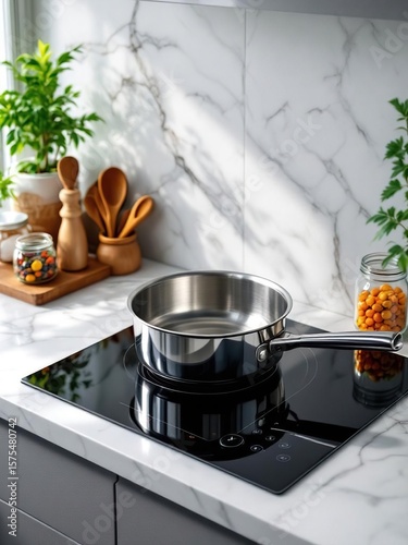 Stainless steel saucepan on a black induction cooktop in a modern kitchen setting with marble backsplash