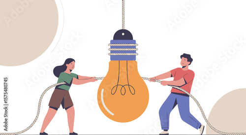 Teamwork Illustration Man and Woman Pulling Rope Tied to a Large Lightbulb Together