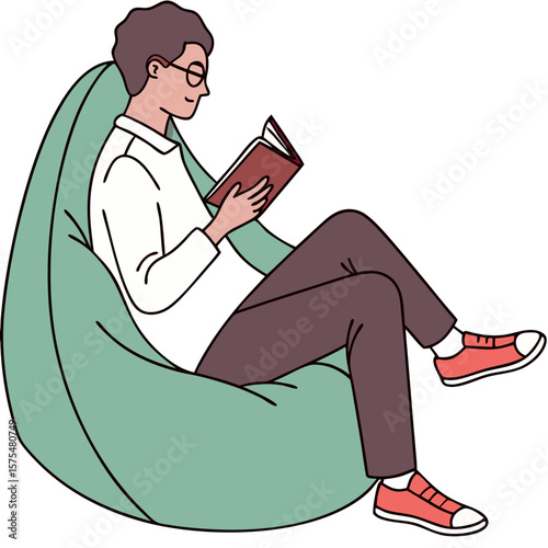 Man Relaxing on Beanbag Chair Reading with Glasses. Perfect for: World Book Day, National Relaxation Day, cozy home settings