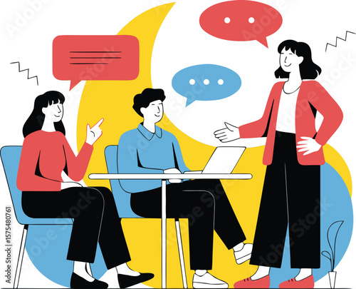Three Individuals Engaging in a Business Discussion With Speech Bubbles and Laptop Illustration